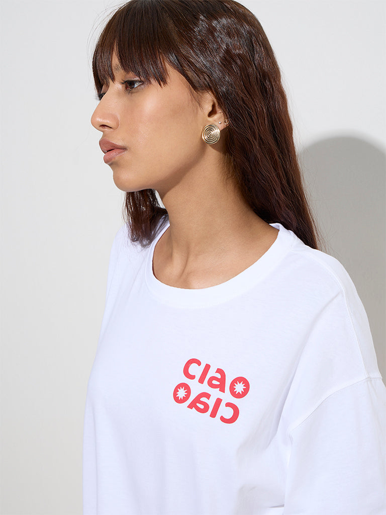 Nuon White Text Design Oversized Cotton T-Shirt