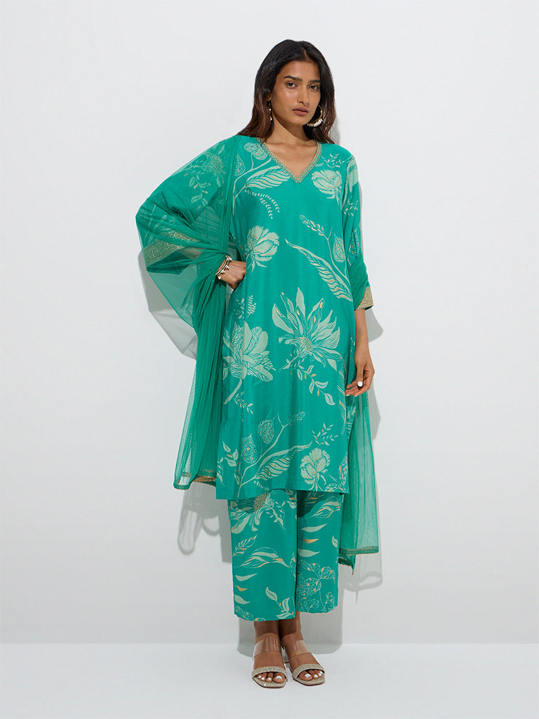 westisde Vark Women's Green Straight Kurta, Palazzos and Dupatta Set for Festive Wear Full Model View