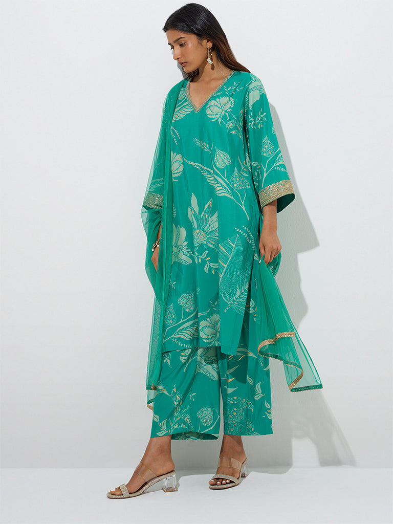 westisde Vark Women's Green Straight Kurta, Palazzos and Dupatta Set for Festive Wear Front View