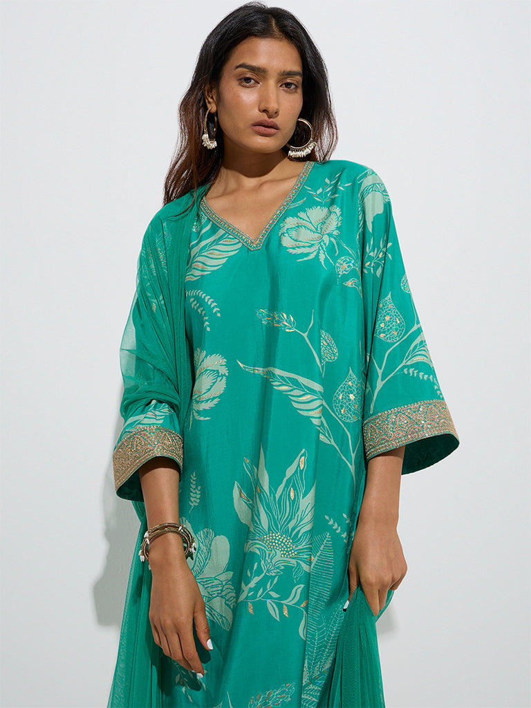 westisde Vark Women's Green Straight Kurta, Palazzos and Dupatta Set for Festive Wear Zoom View