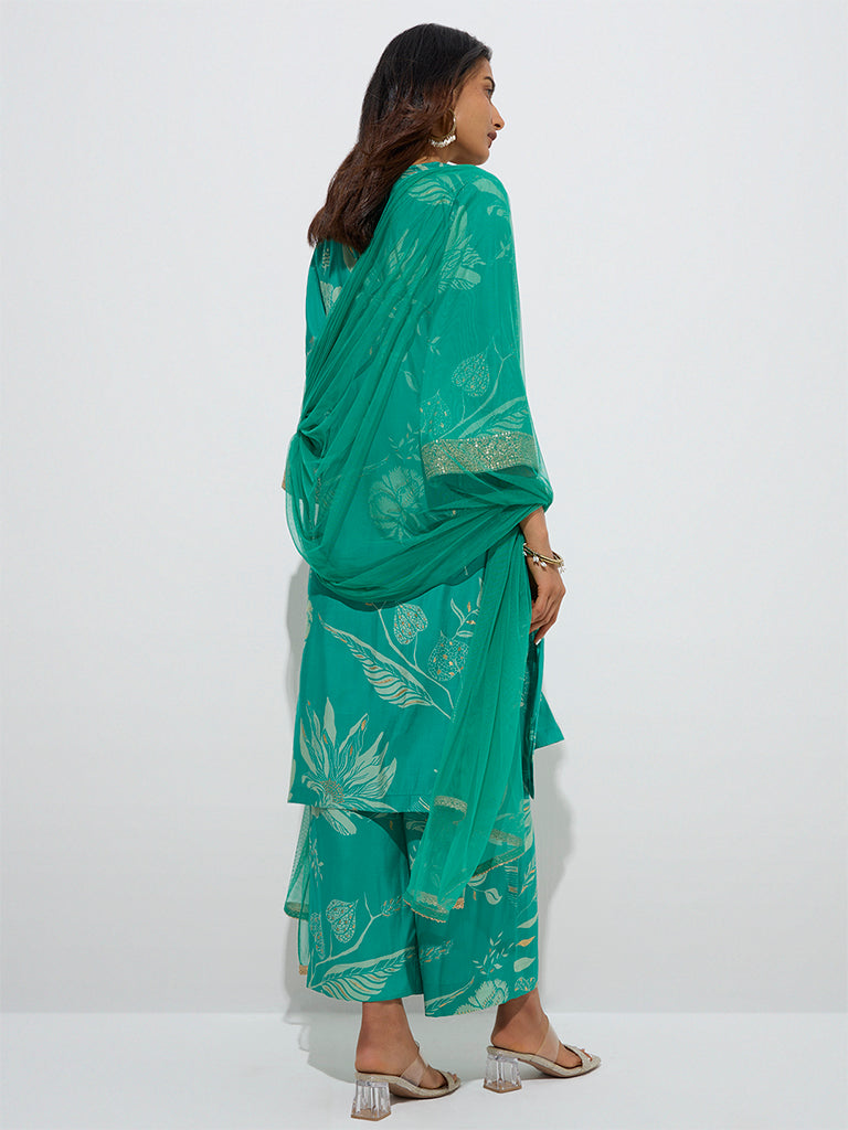 westisde Vark Women's Green Straight Kurta, Palazzos and Dupatta Set for Festive Wear Back View