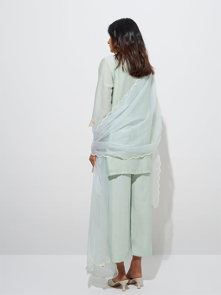 westisde Vark Women's Mint Straight Kurti, Palazzos and Dupatta Set for Festive Wear Back View