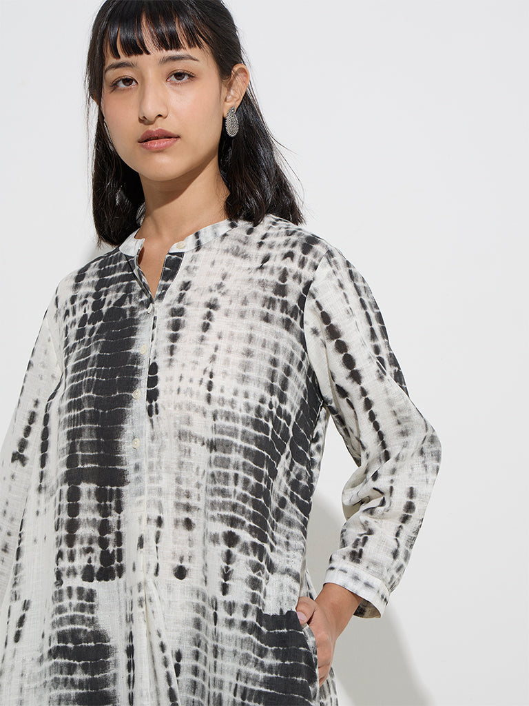 Utsa Black Tie-Dye Printed Cotton A-Line Kurta