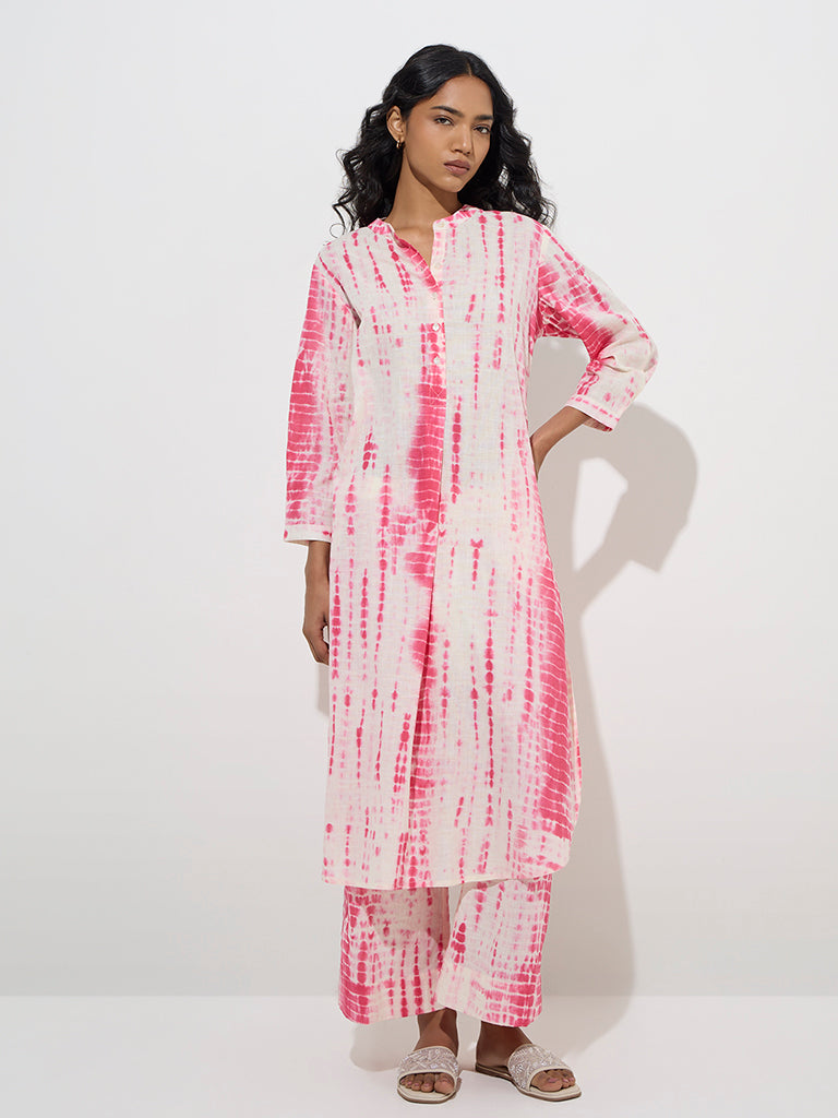 Utsa Pink Tie-Dye Patterned A-Line Cotton Kurta