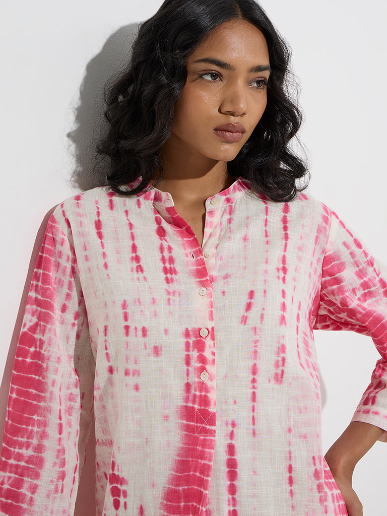 Utsa Pink Tie-Dye Patterned A-Line Cotton Kurta