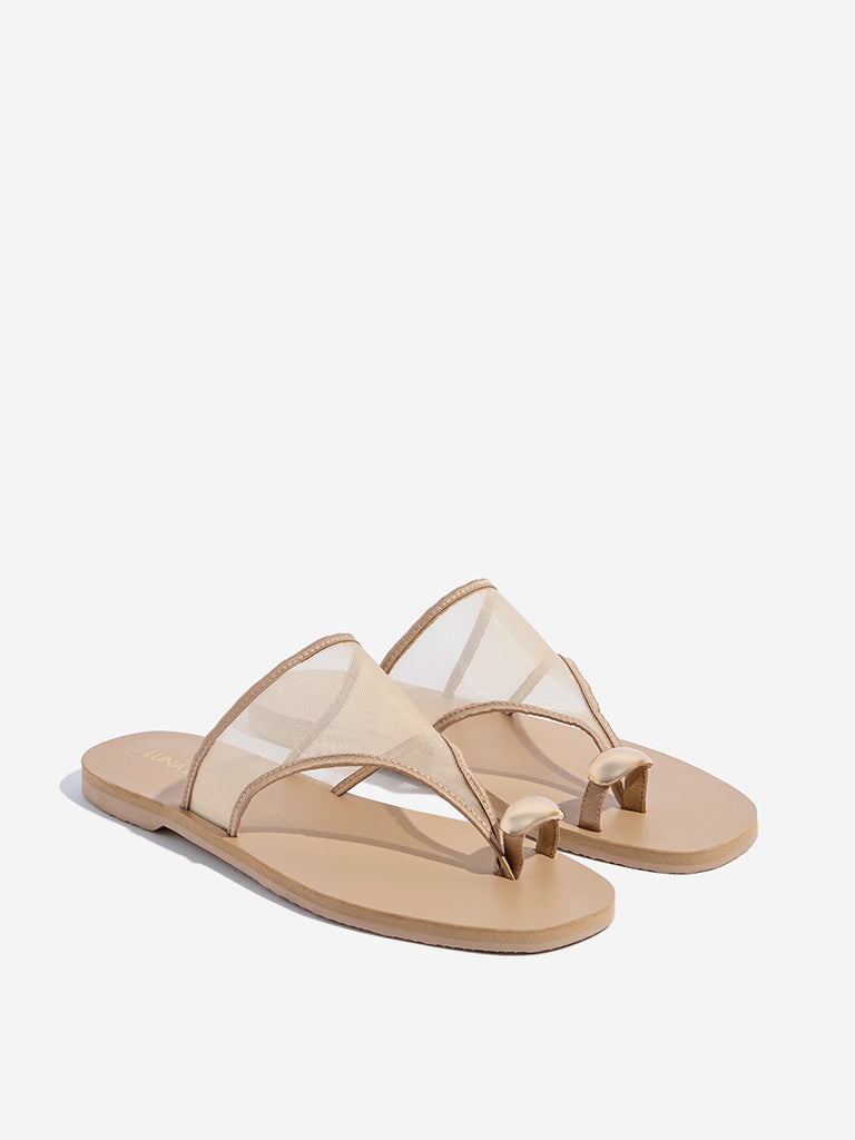 Westside LUNA BLU Women's Beige Mesh Detailed Toe-Ring Sandals Front View