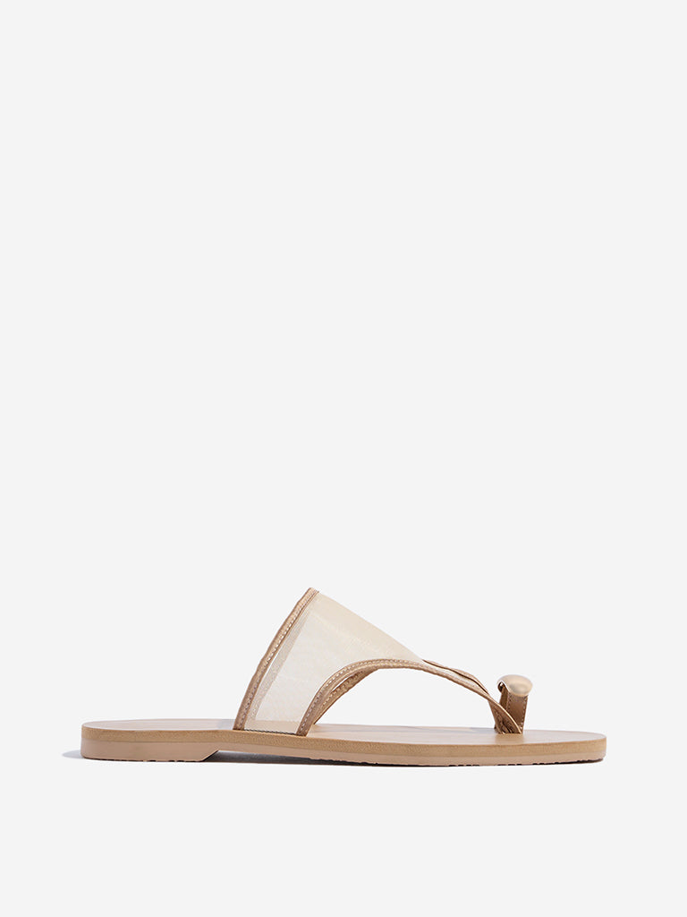 Westside LUNA BLU Women's Beige Mesh Detailed Toe-Ring Sandals Side View