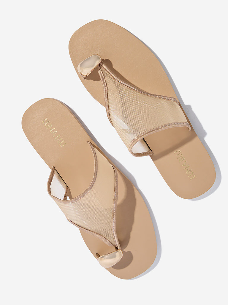 Westside LUNA BLU Women's Beige Mesh Detailed Toe-Ring Sandals Top View