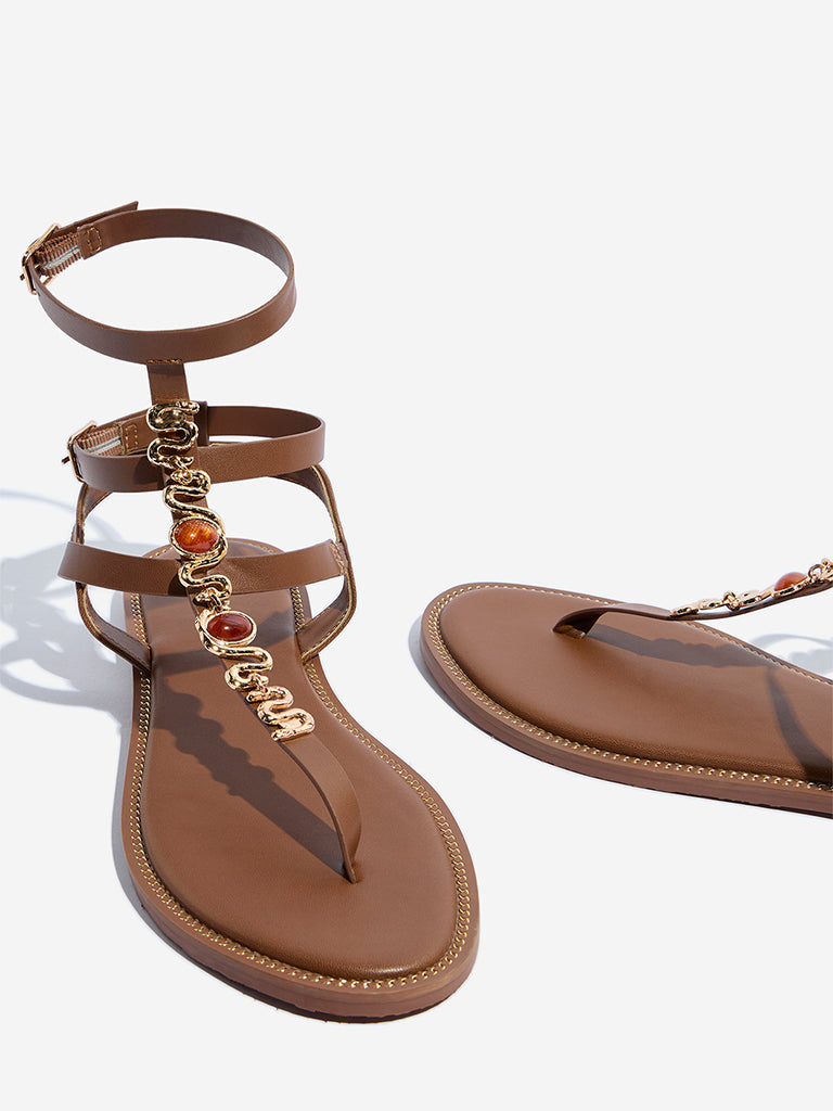 Westside LUNA BLU Women's Tan Embellished Gladiator Sandals for Casual Wear Zoomed View