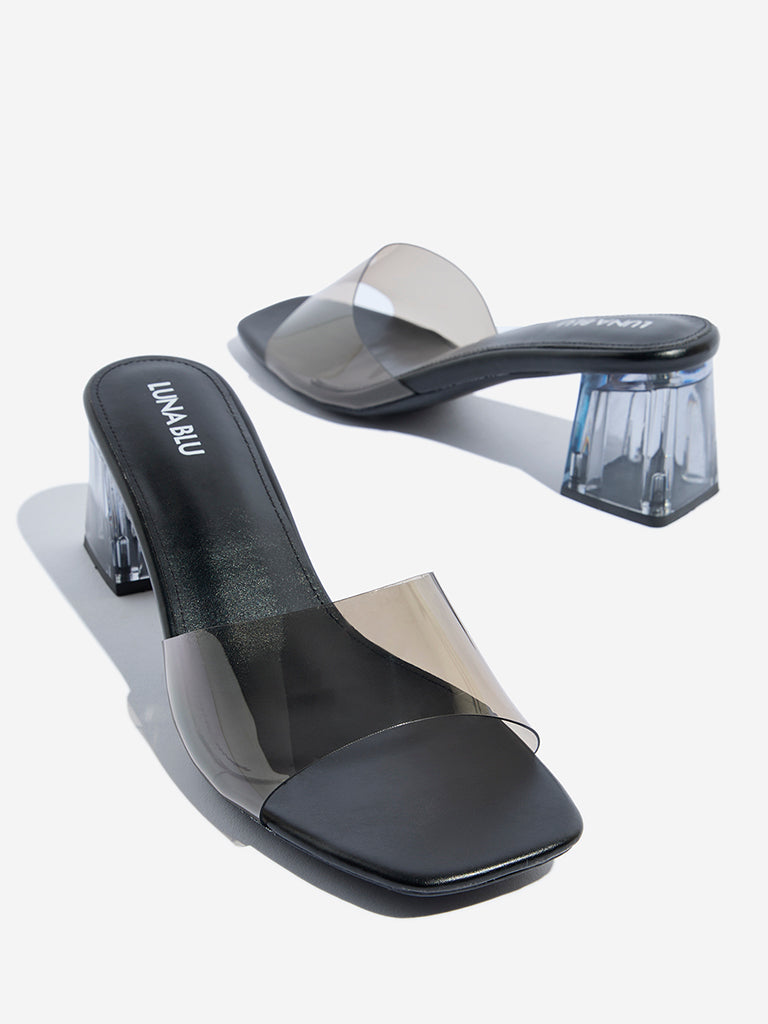 Westside LUNA BLU Women's  Black Vinyl Strap Block-Heel Sandals for Casual Wear Zoomed View