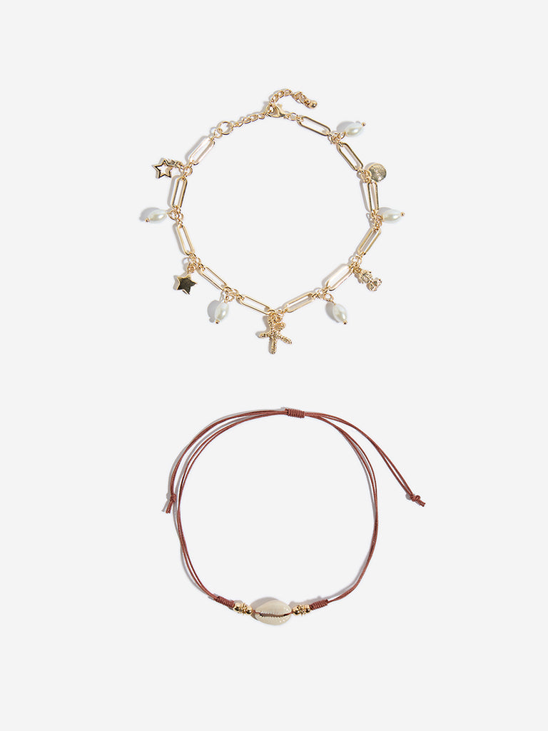 Westside Accessories Gold & Brown Aquatic Anklet Set - Pack of 2