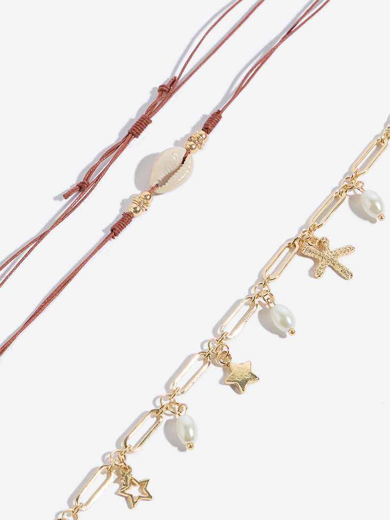 Westside Accessories Gold & Brown Aquatic Anklet Set - Pack of 2