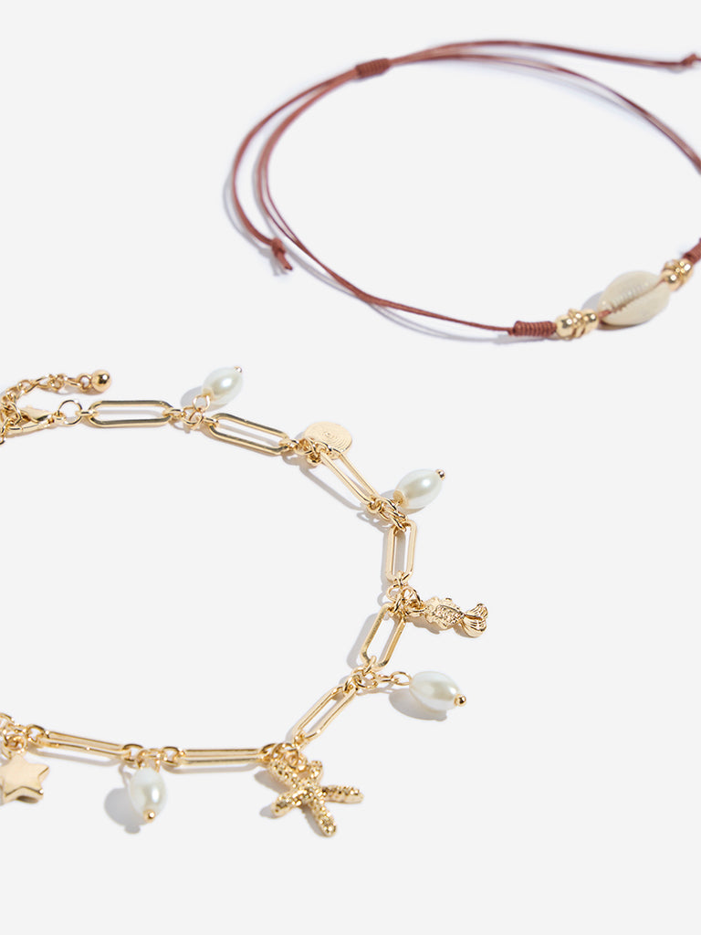 Westside Accessories Gold & Brown Aquatic Anklet Set - Pack of 2