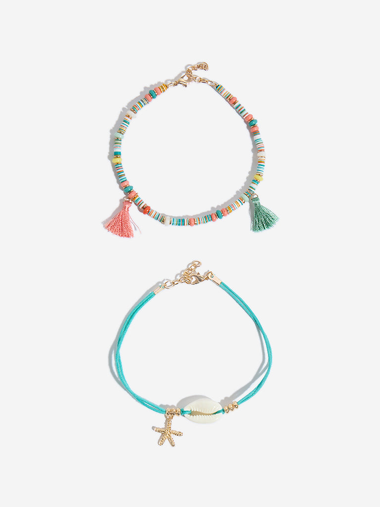 Westside Accessories Gold & Aqua Shell and Chip Anklet - Pack of 2