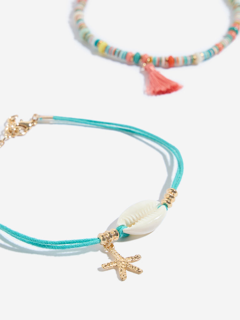 Westside Accessories Gold & Aqua Shell and Chip Anklet - Pack of 2