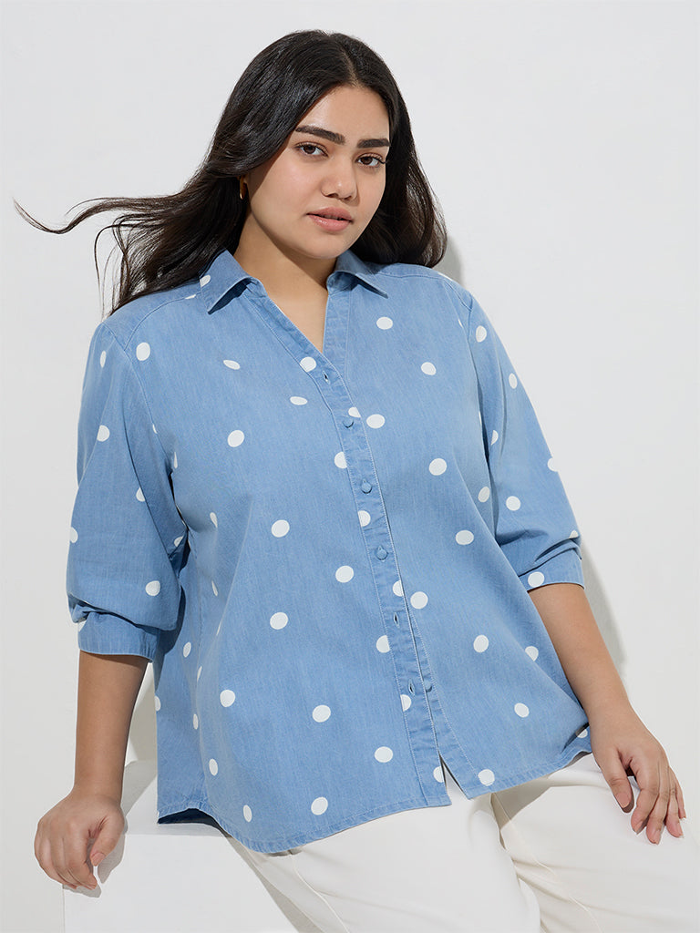 Gia Light Blue Polka Dots Denim Shirt