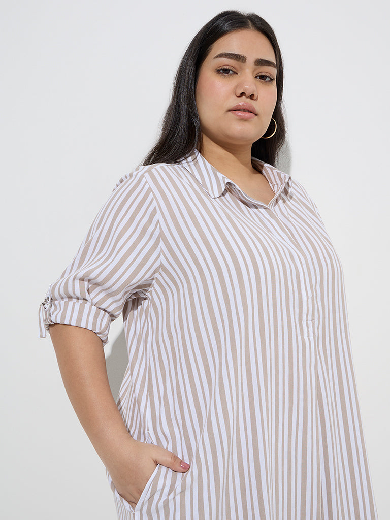 Gia Taupe Stripe Printed Cotton-Blend A-Line Dress