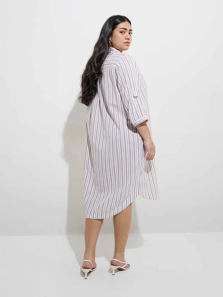 Gia Taupe Stripe Printed Cotton-Blend A-Line Dress