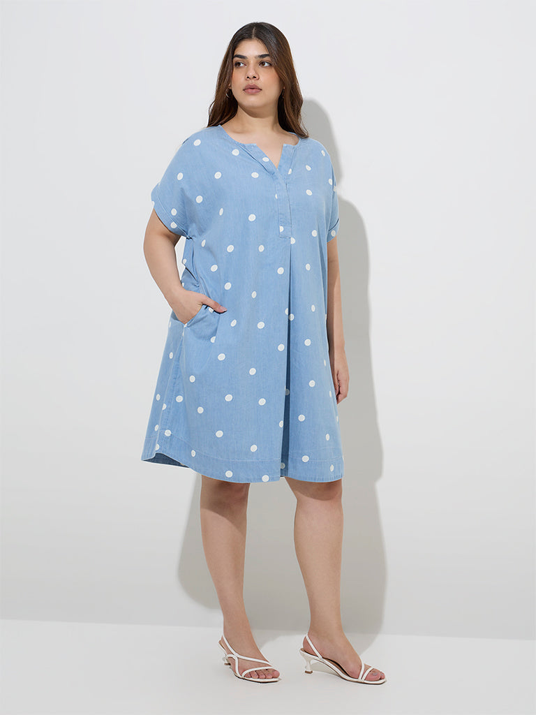 Gia Light Blue Polka Dotted A-Line Denim Dress