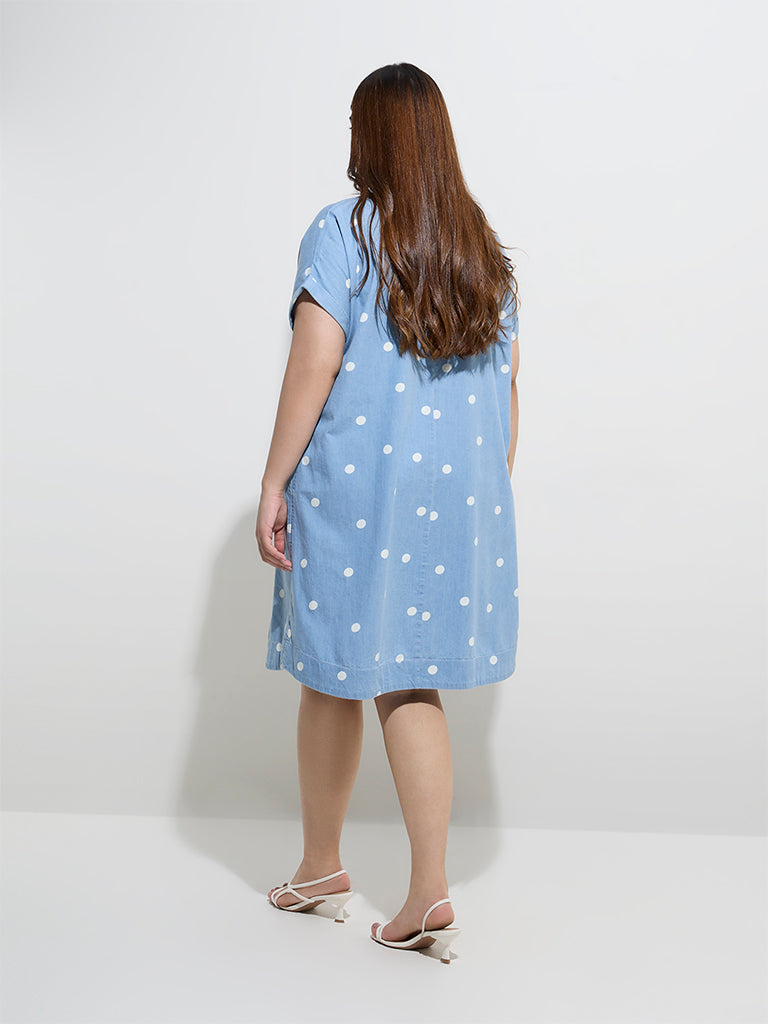Gia Light Blue Polka Dotted A-Line Denim Dress