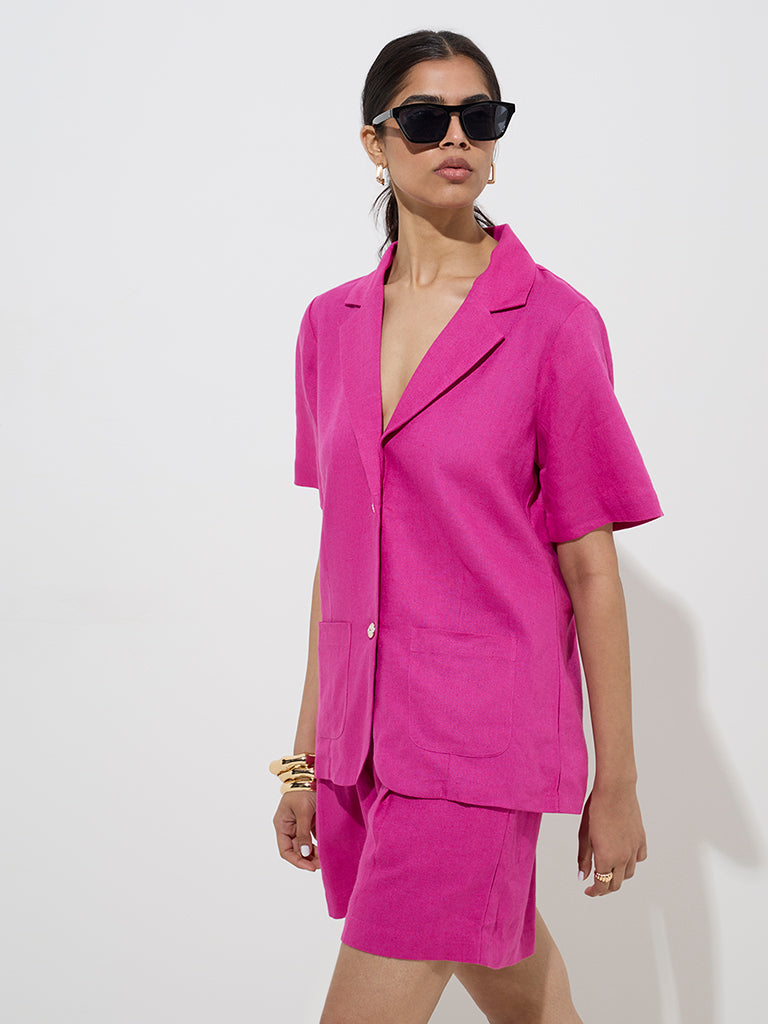 Westside Wardrobe Women's Magenta Solid Jacket for Work Wear Front View