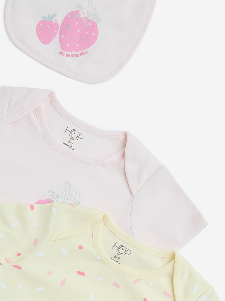 HOP Baby Pink Printed Cotton Rompers with Bib - Pack of 2