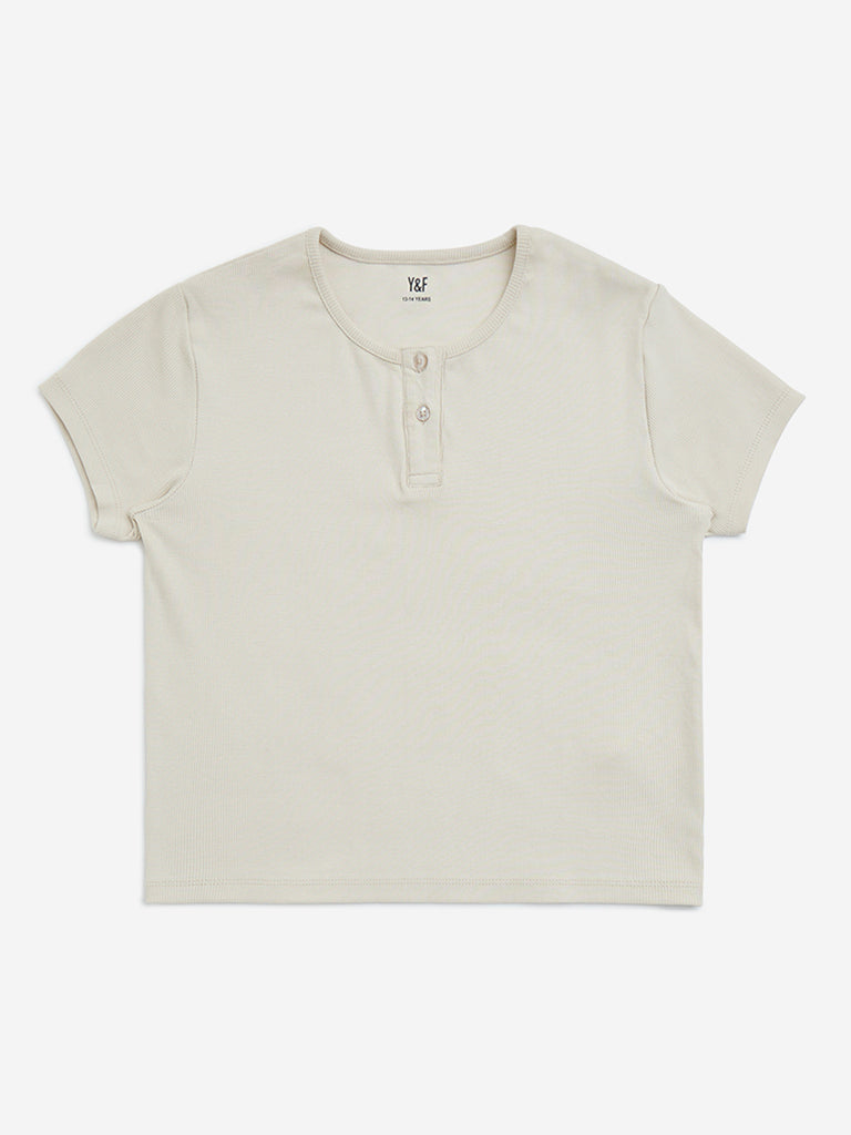 Westside Y&F Girls' Kids Beige Ribbed Textured Cotton-Blend Top for Casual Wear Front  View