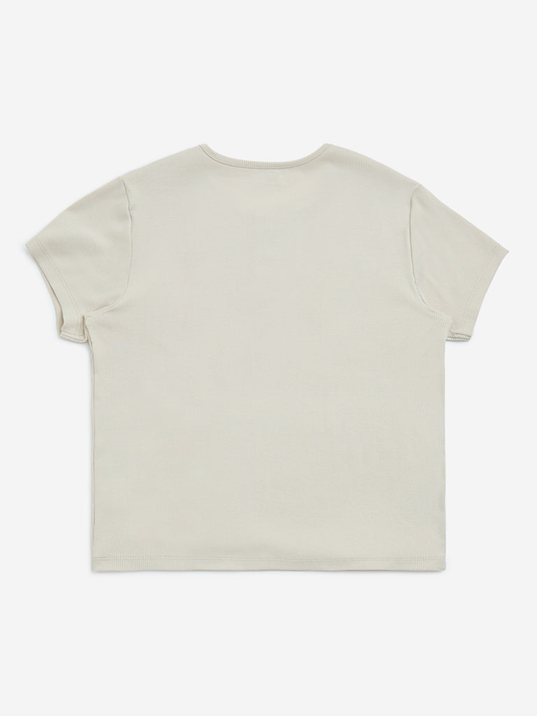 Westside Y&F Girls' Kids Beige Ribbed Textured Cotton-Blend Top for Casual Wear Back View