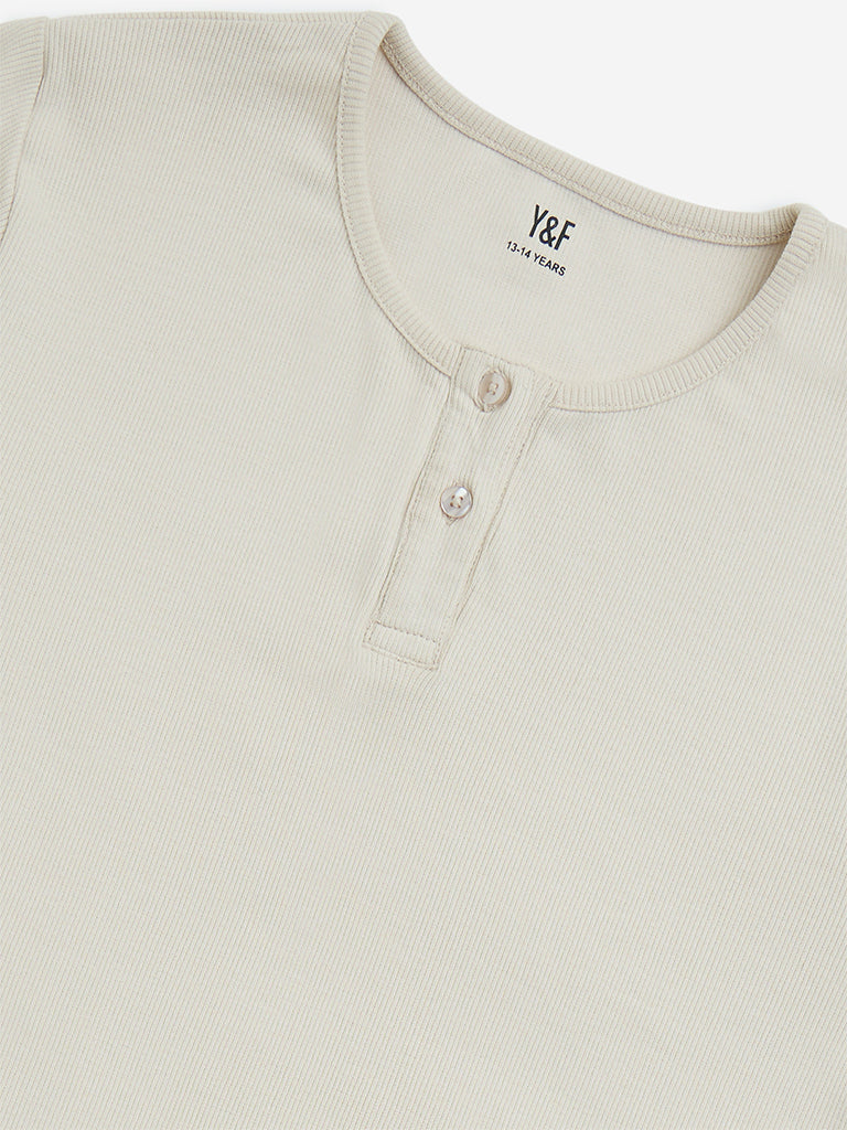 Westside Y&F Girls' Kids Beige Ribbed Textured Cotton-Blend Top for Casual Wear Zoom View