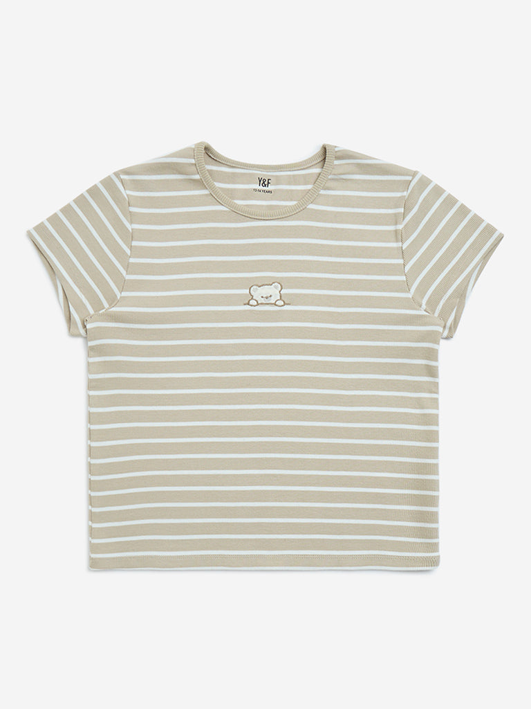 westisde Y&F Girls' Kids Beige Stripe Printed Cotton-Blend T-Shirt for Casual Wear Front View