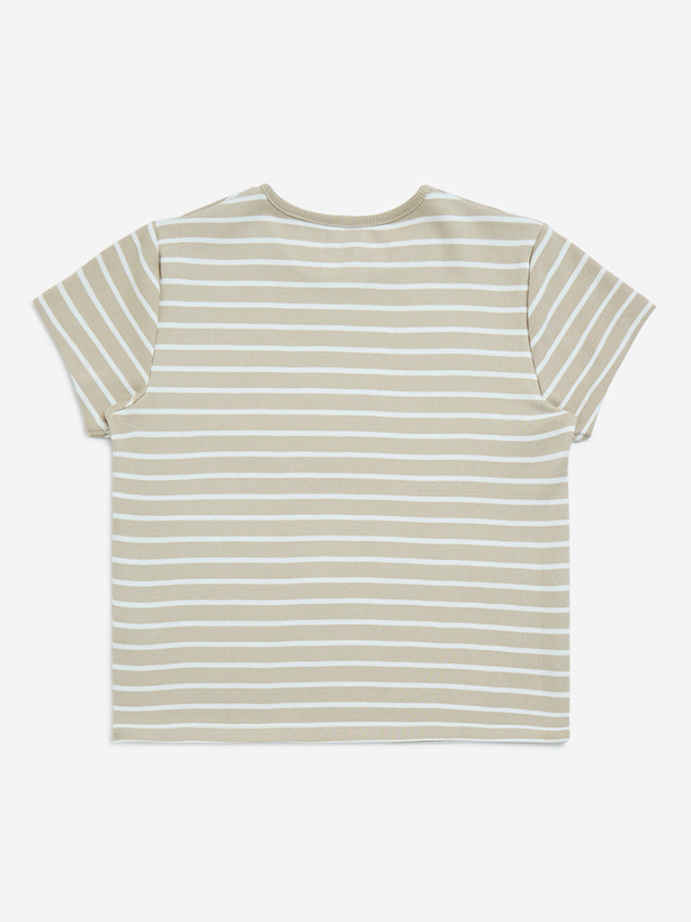 westisde Y&F Girls' Kids Beige Stripe Printed Cotton-Blend T-Shirt for Casual Wear Back View