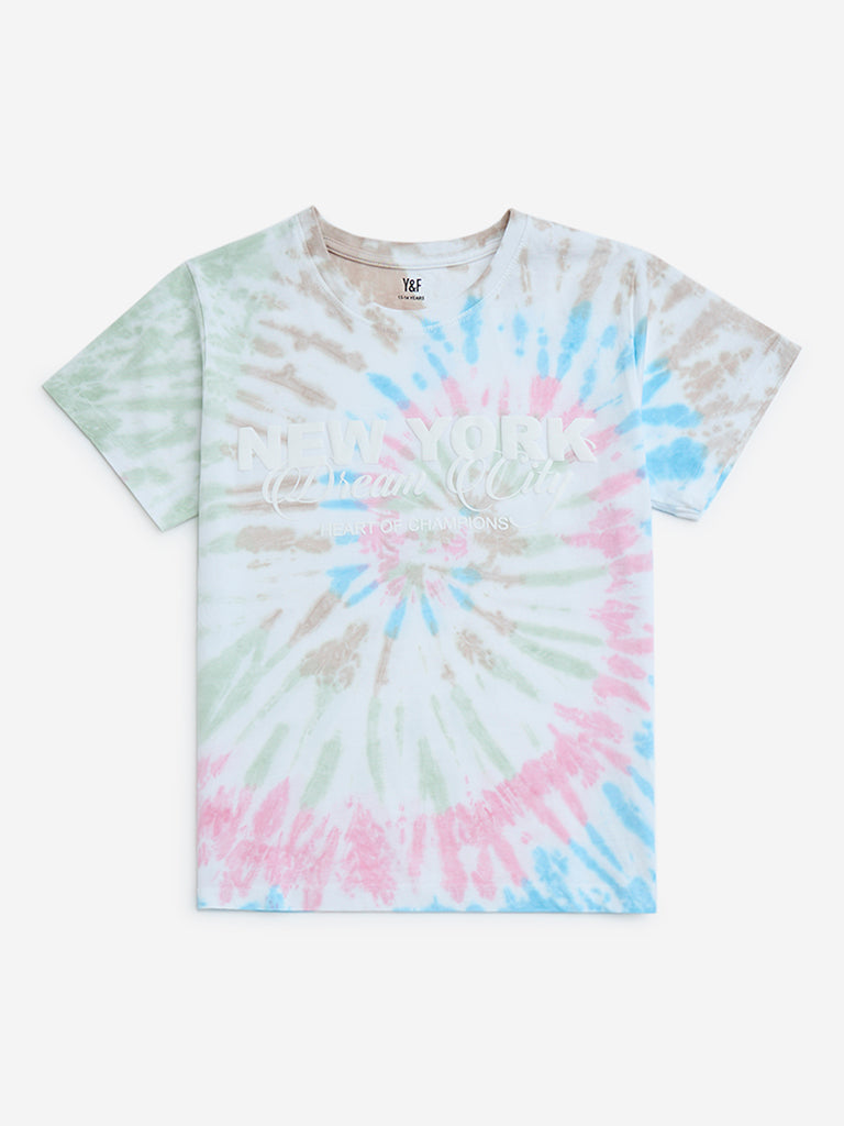 westisde Y&F Girls' Kids Multicolour Tie-Dye Printed Cotton T-Shirt for Casual Wear Front View