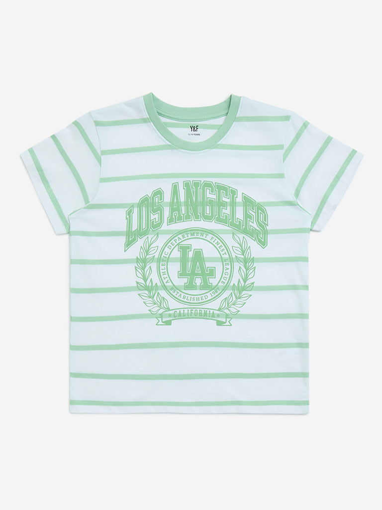 Y&F Kids Green Stripe Printed Cotton T-Shirt