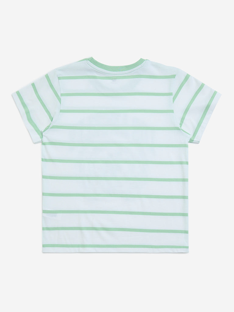 Y&F Kids Green Stripe Printed Cotton T-Shirt