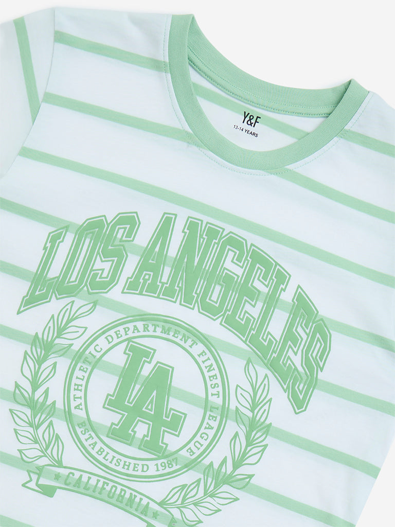 Y&F Kids Green Stripe Printed Cotton T-Shirt