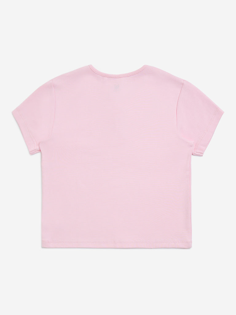 Y&F Kids Pink Ribbed Cotton-Blend T-Shirt