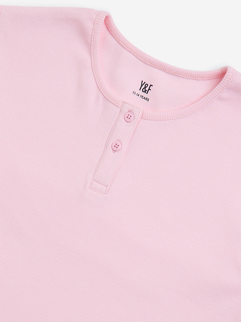 Y&F Kids Pink Ribbed Cotton-Blend T-Shirt