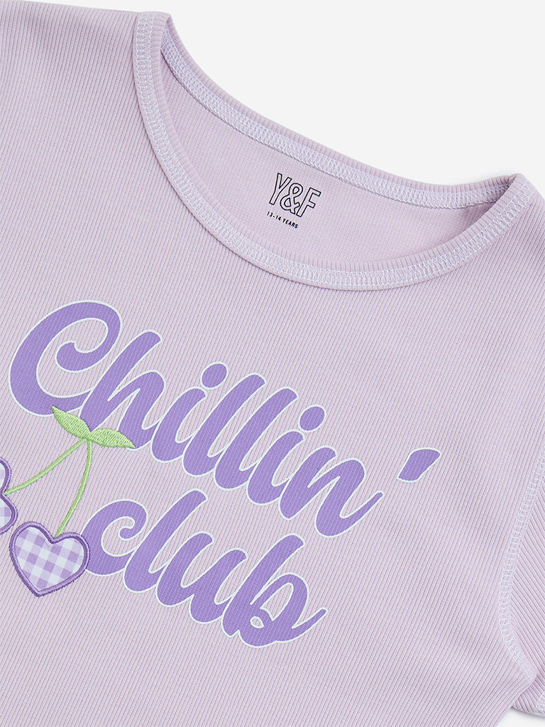 Y&F Kids Lilac Text Printed Cotton-Blend T-Shirt