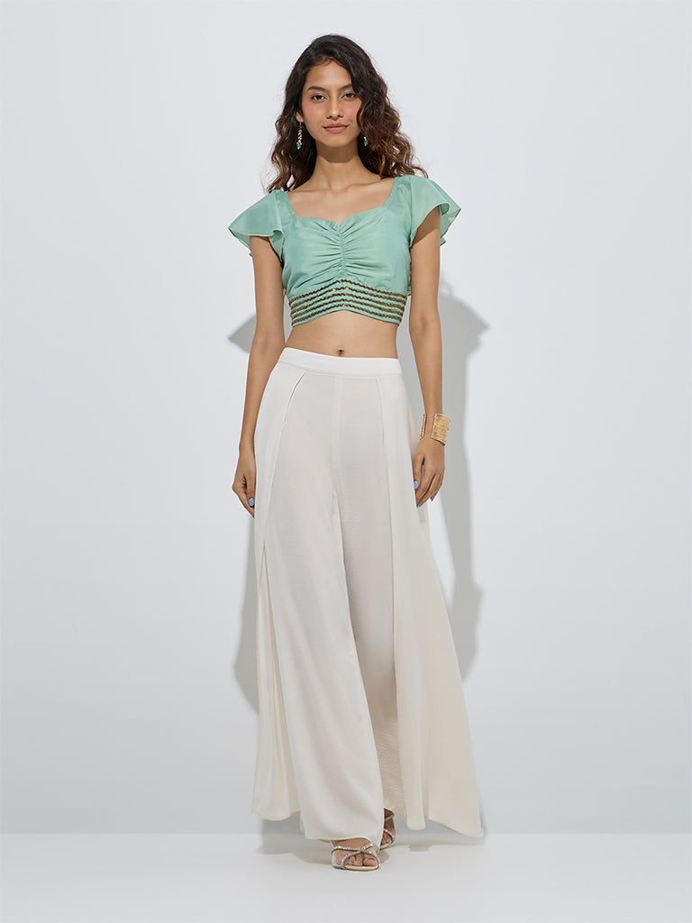 westisde Vark Women's Mint Embellished Ruched Top for Festive Wear Full Model View