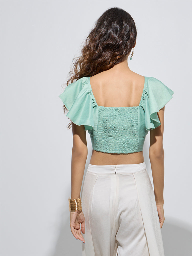 westisde Vark Women's Mint Embellished Ruched Top for Festive Wear Back View