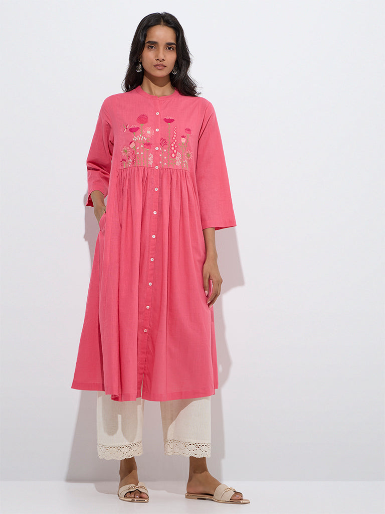 westisde Utsa Women's Pink Floral Embroidered Cotton A-Line Kurta for Work Wear Front View