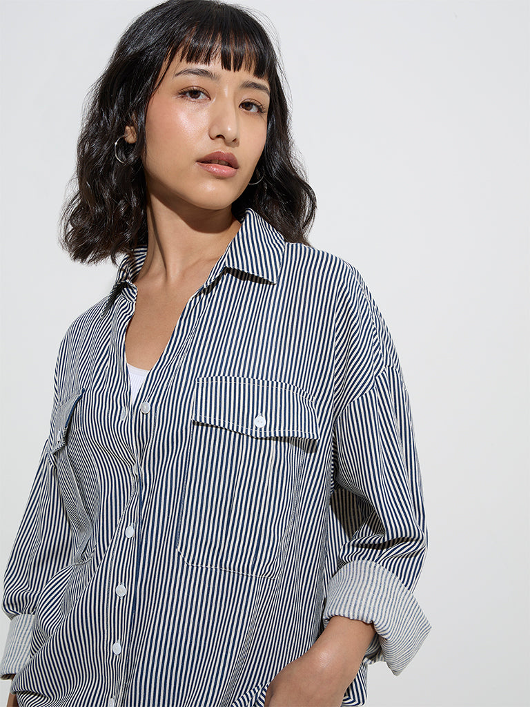 LOV Navy Stripe Printed Shirt