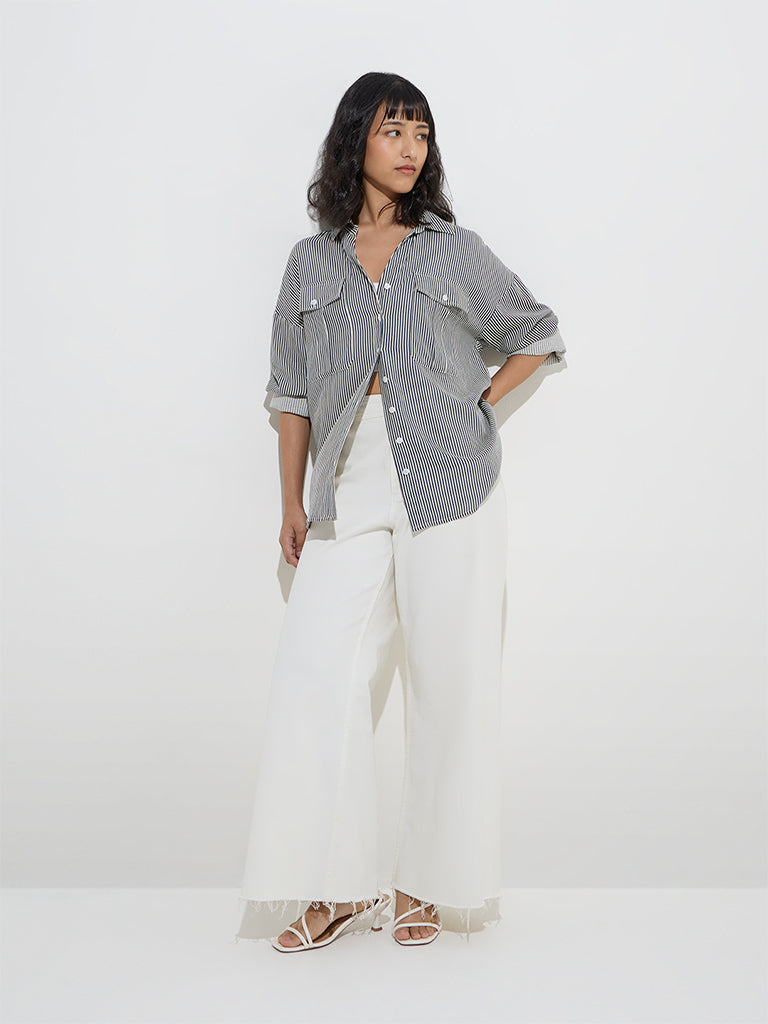 LOV Navy Stripe Printed Shirt