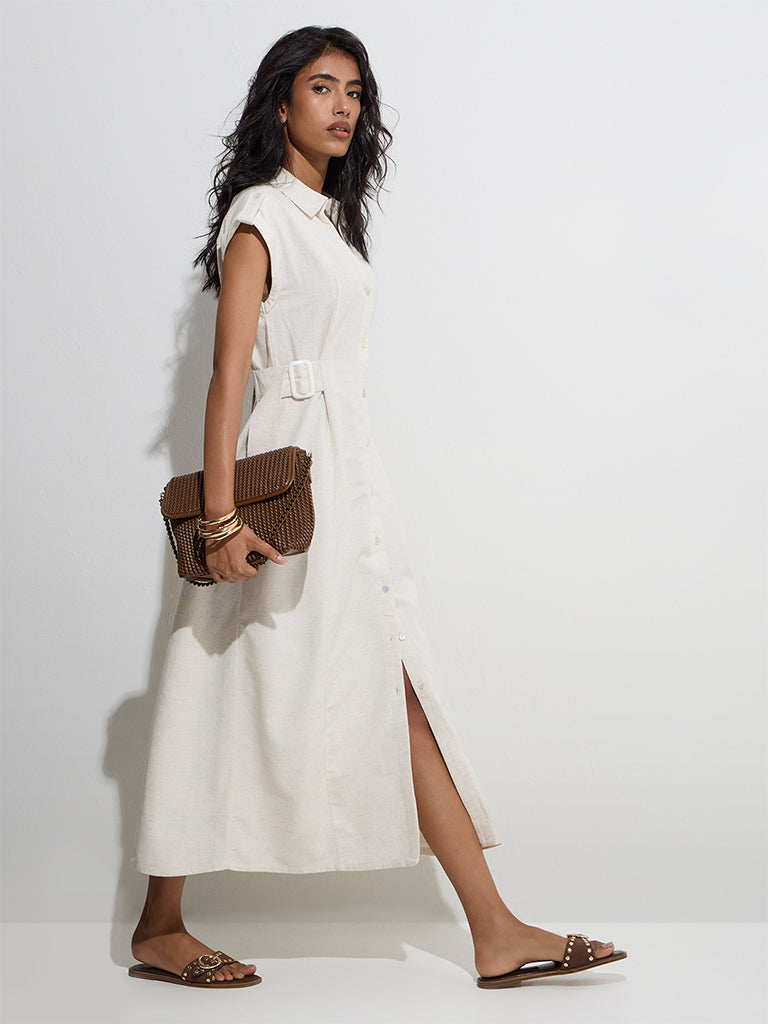 LOV Off-White Solid Linen-Blend Shirt Dress with Belt