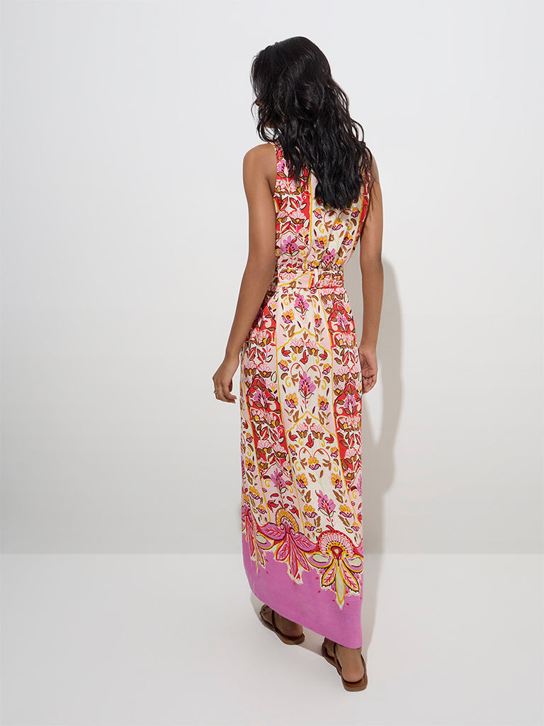 LOV Multicolour Floral Design A-Line Dress with Belt