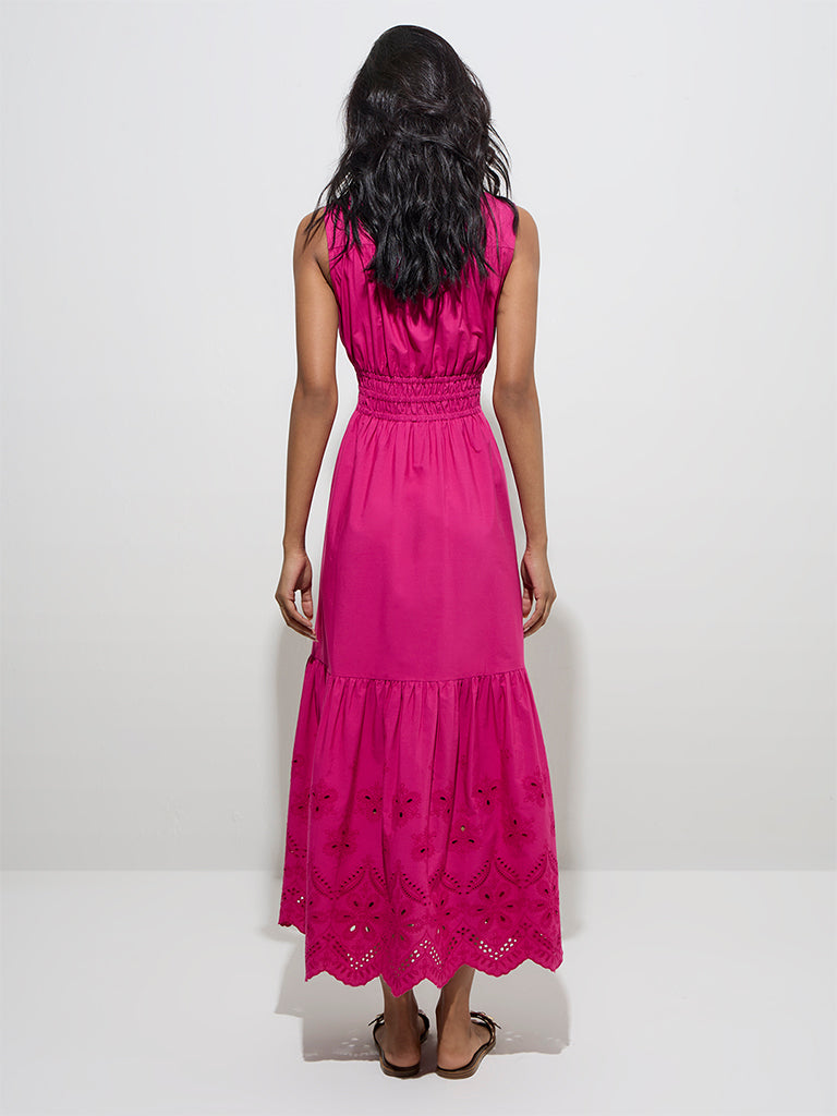 LOV Fuchsia Schiffli Detailed Cotton A-Line Dress