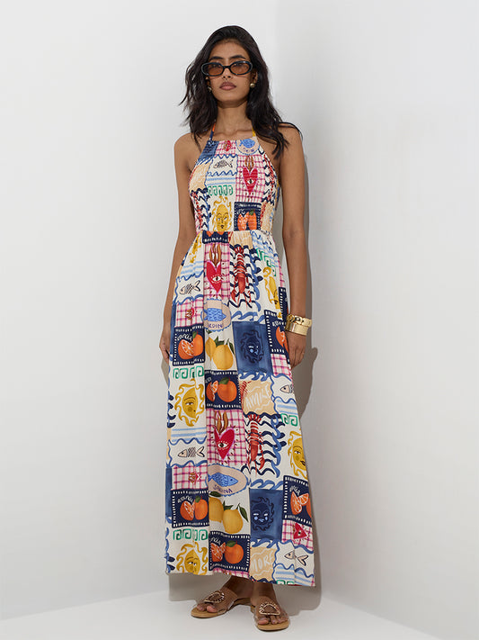 Westside LOV Women's Multicolour Printed Cotton-Blend A-Line Dress for Casual Wear Front View