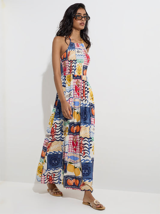 Westside LOV Women's Multicolour Printed Cotton-Blend A-Line Dress for Casual Wear Full Model View