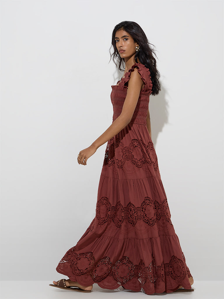Buy LOV Dark Brown Lace Detailed Cotton Tiered Dress from Westside