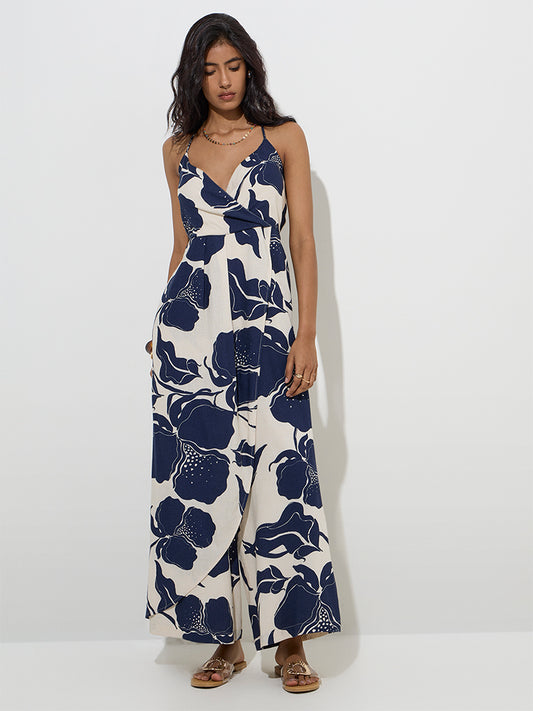 Westside LOV Women's Navy Botanical Printed Cotton-Blend Jumpsuit for Casual Wear Front View